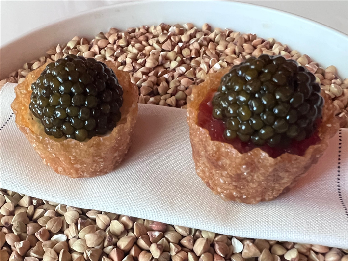 beef tartare and caviar canape (on right)
